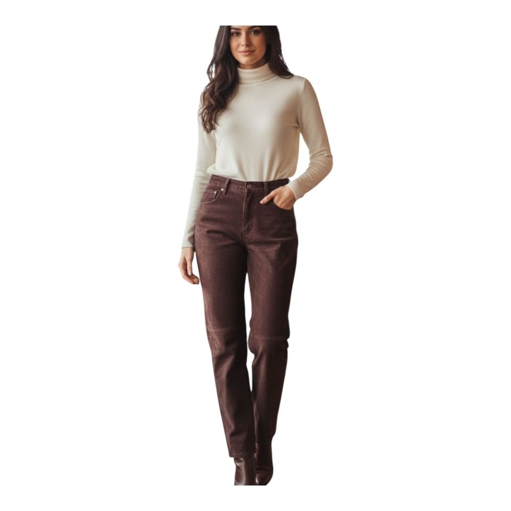 Vintage Express Genuine Leather Mocha Brown High Rise Jean Trousers Suede 10